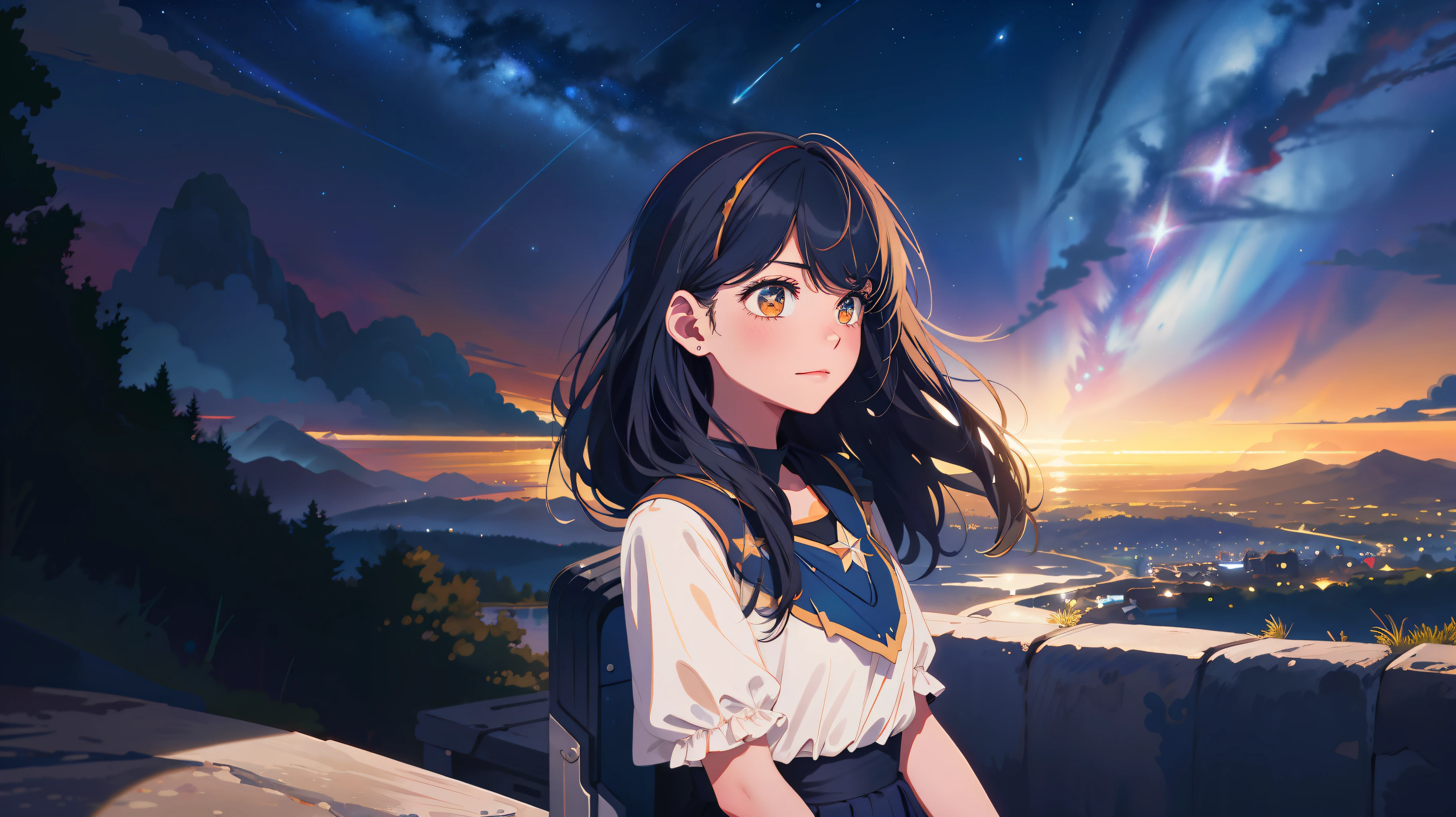 masterpiece, best quality, extremly detailed, illustration,
1girl, solo,  wavy hair:, black hair, (starlink:1.3),
fill in underhighlights of {blue:0.8} hair, medium chest, orange eyes, pleated skirt, (starry tornado:1.3), starry nebula, extremely detailed sky,
{white kneehighs and frills:1.3}, {wrinkles on clothes:1.1}, extremely distant view, looking away, detailed shooting stars,