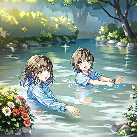 anime image of two girls in a river with flowers, official artwork, guweiz and makoto shinkai, makoto shinkai art style, makoto ...