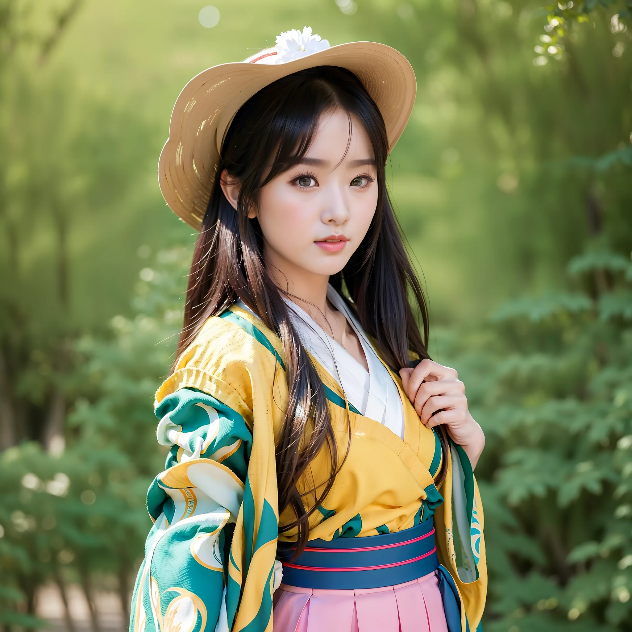 Masterpiece, Superb 1girl,,Brunette Hair,Shut Up,Colorful Background,Looking at the Audience,Outdoor,Solo,Upper Body,Seduction,Clean,Beautiful Face,Pure Face,Fair Skin,Sexy Pose,((Porcelain Skirt, Hanfu)),Long Hair,((Perfect Female Figure),Real People,