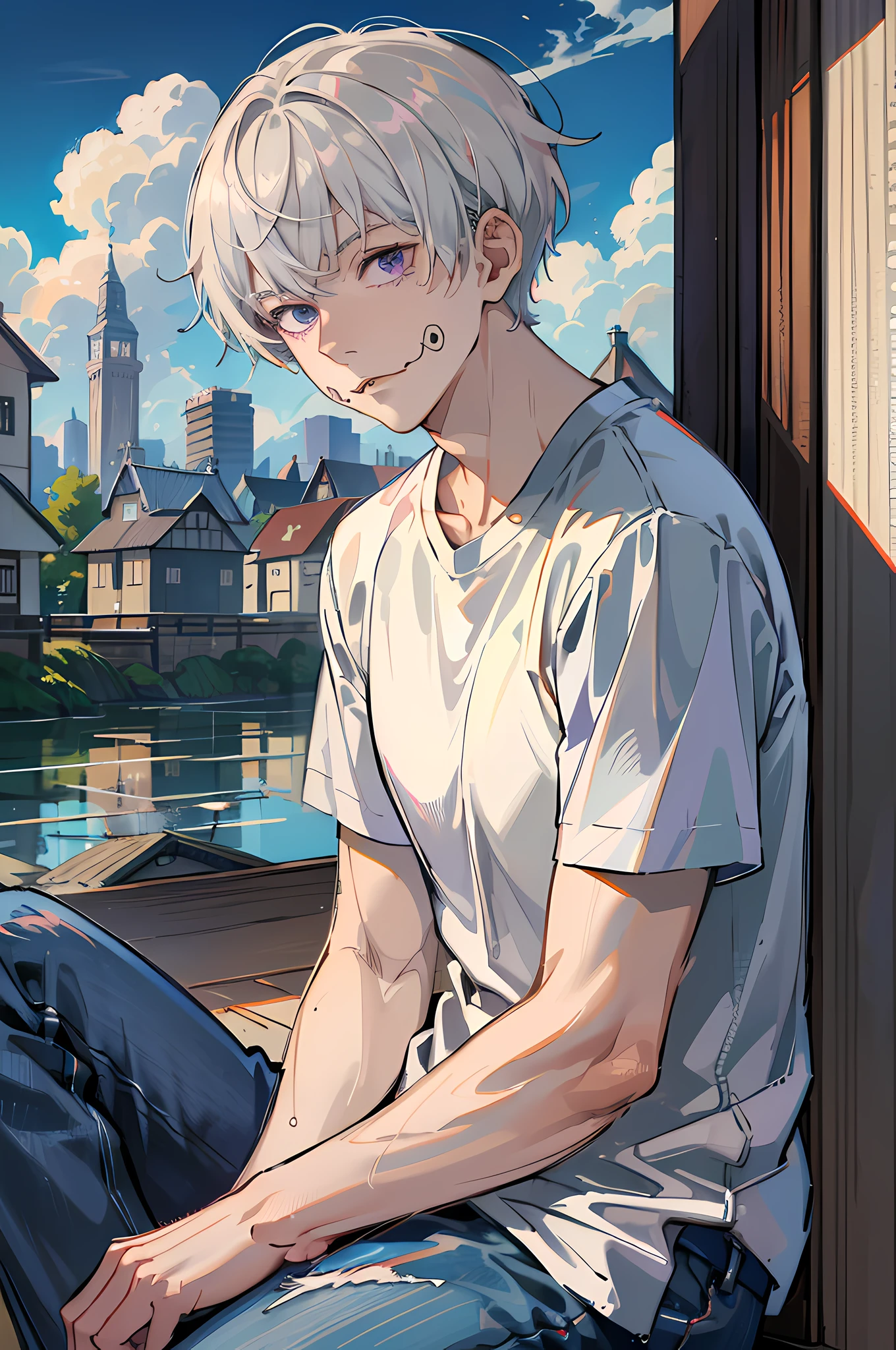 (absurdres, highres, ultra detailed, HDR), masterpiece, best quality, inumaki toge, 1man, solo, handsome, short hair, white hair, facial mark, closed mouth, small hands, loosen t-shirt, jeans, sitting, japanese style, house, from side, look at viewer