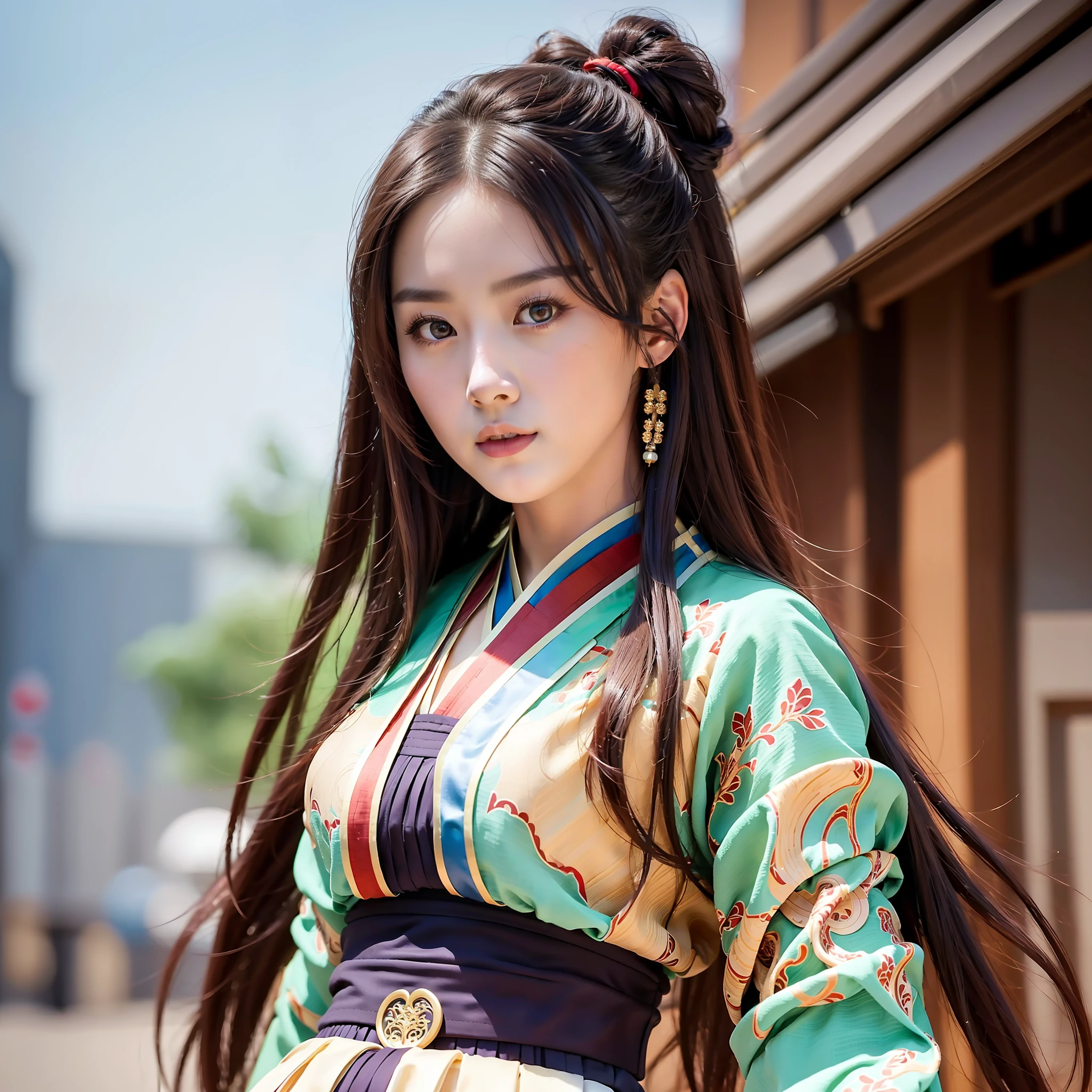 Masterpiece, Superb 1girl,,Brunette Hair,Shut Up,Colorful Background,Looking at the Audience,Outdoor,Solo,Upper Body,Seduction,Clean,Beautiful Face,Pure Face,Fair Skin,Sexy Pose,((Porcelain Skirt, Hanfu)),Long Hair,((Perfect Female Figure),Real People,