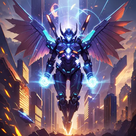 A giant mech with wings on its back and an aura suspended behind it --auto --s2