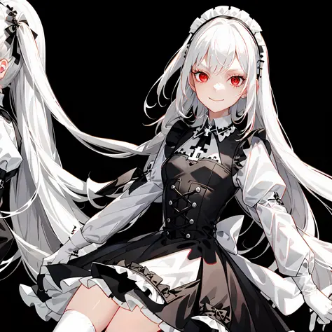 masterpiece, Best Quality, High Resolution, SUI1, 1girl, Solo, Silverhead, Red Eyes, Long Two Side Up Hair, Gothic Maid Dress, W...