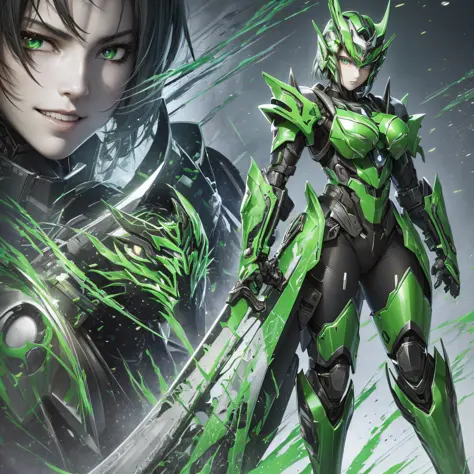 green paint, close-up portrait of a person in costume with a sword, cyber japan style armor, cyber japan armor, guyver style, gi...