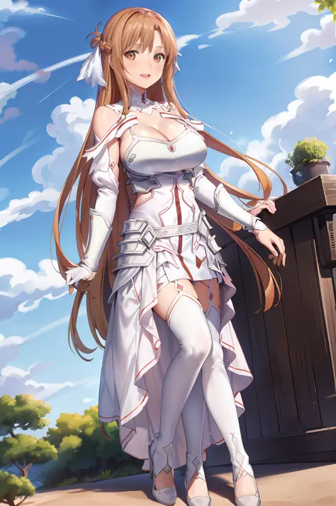 stacia, asuna, asuna_\(sao\), 1girl, (sexy pose:1.4), fantasy, highres,  looking_away, looking_to_the_side,  original, realistic,  scenery,  close_up, upper_body, (draw sword:1.5), smiling, solo, (potruding nipple:1.2), long hair, (huge breasts:1.3), looki...