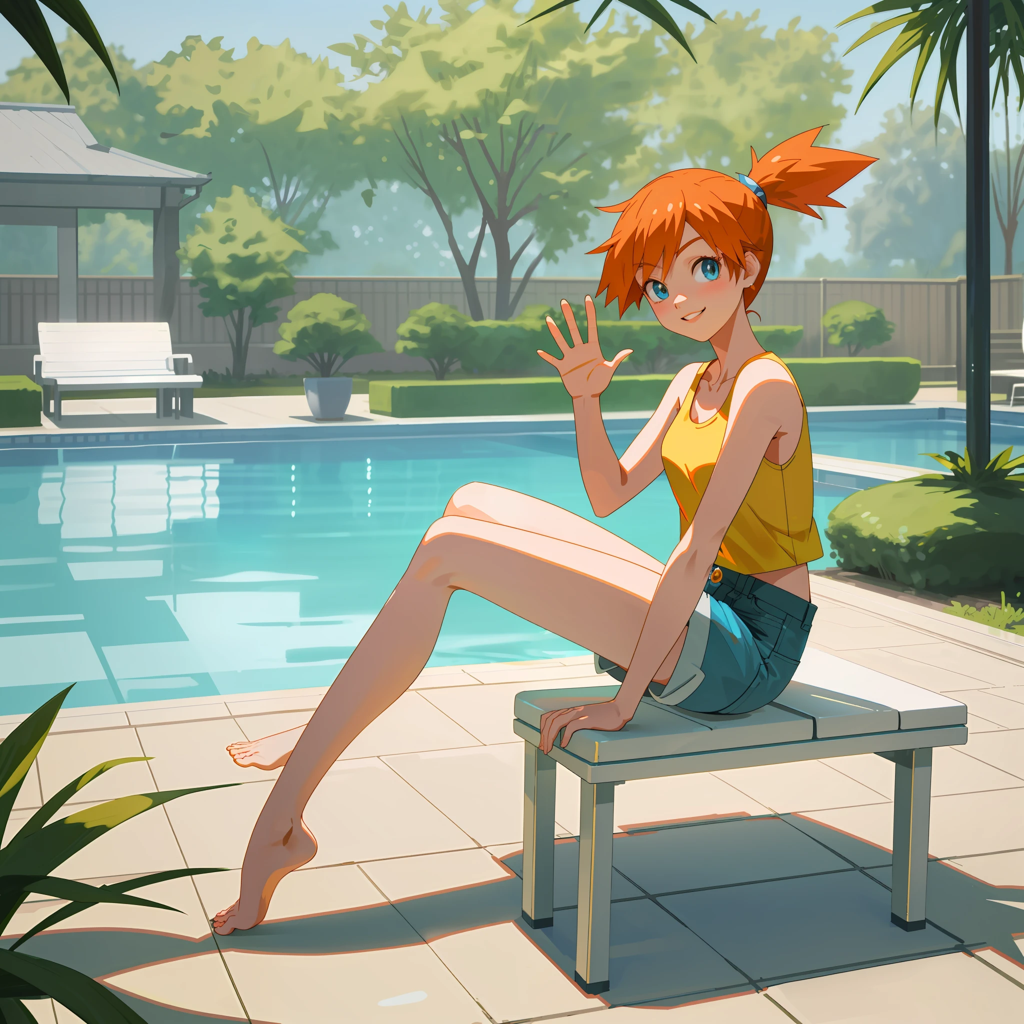 Anime girl sitting on a bench near a pool with a palm tree（misty (pokemon))  - SeaArt AI