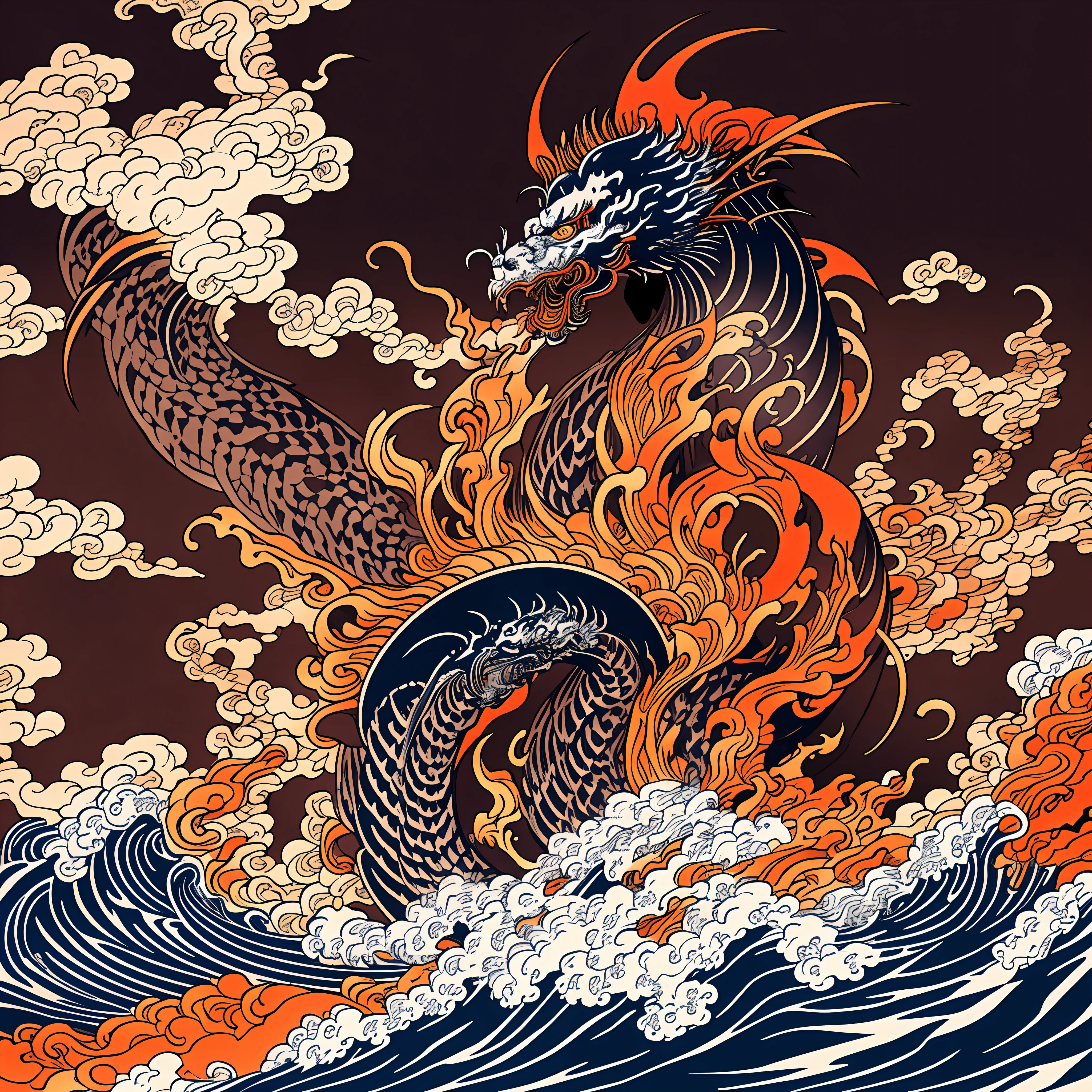 Katsushika Hokusai style dessin au trait, Rouge foncé façon Hokusai, conception de modèle de flamme vermillon. Dragon en forme de flamme géante, Dans la meilleure qualité, masterpiece high resolution Style Ukiyo-e. Style artistique, 1:1, Style Ukiyo-e, art vectoriel 3D, Adobe Illustrator, Résolution 4k, Arrière-plans magnifiques seulement