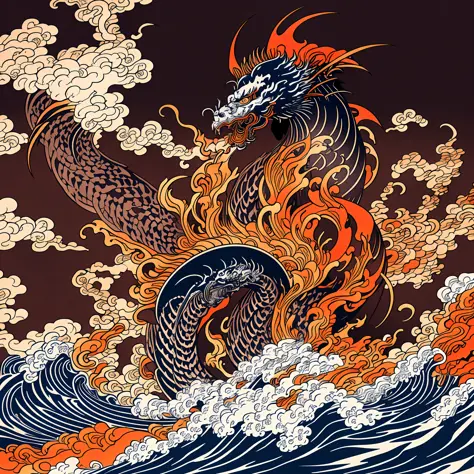 Katsushika Hokusai-style line art design, Hokusai-style dark red, vermilion flame pattern design. Dragon in the shape of a giant...