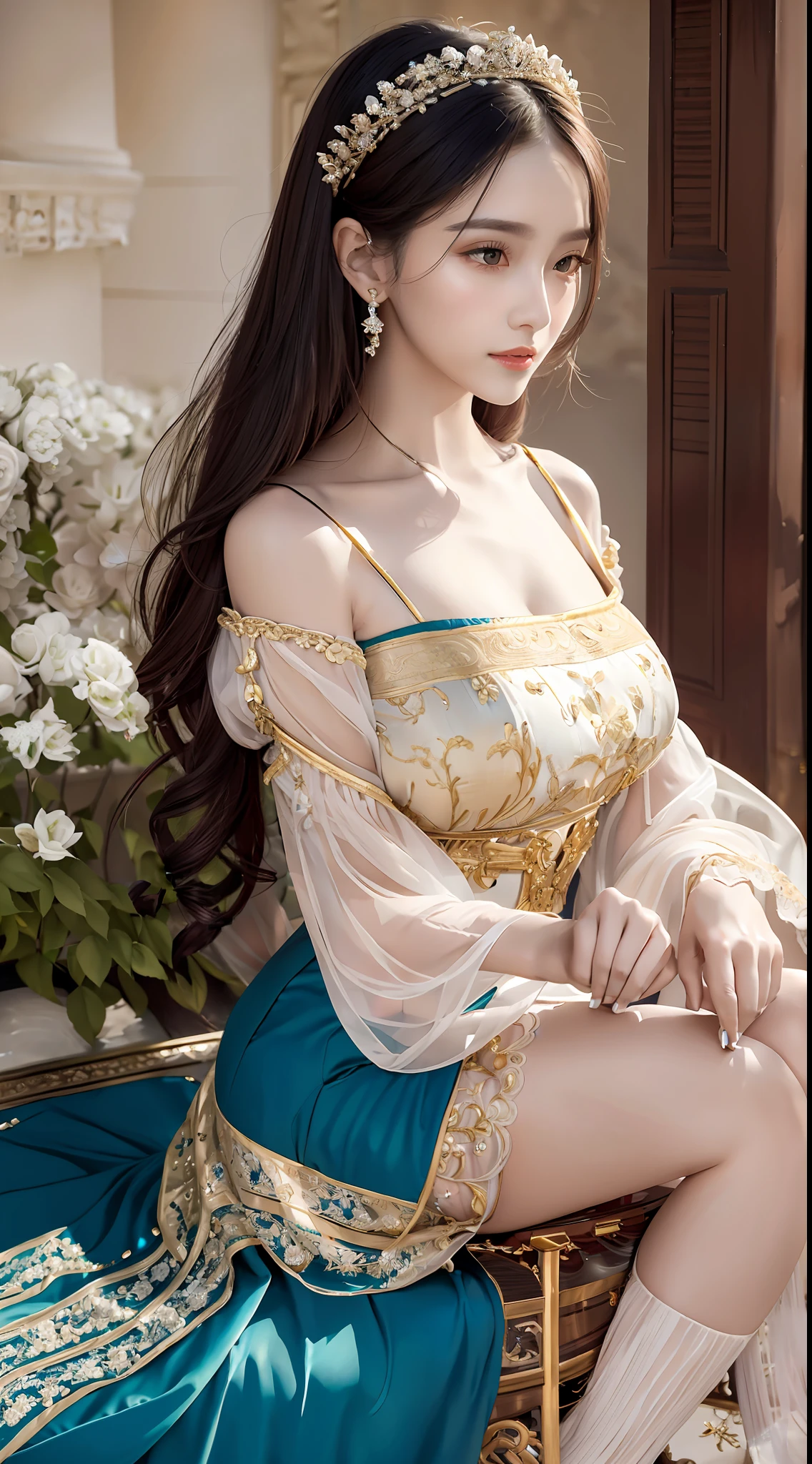 A beautiful girl, literary, beautiful and elegant, with slender eyebrows and clear eyes. Ruddy lips, soft skin, bandeau dress with gold edges, antique long-sleeved dress, stroking posture and waiting posture. Blue sky and quiet courtyard (artistic, elegant, antique, long-sleeved dress, piano gesture)