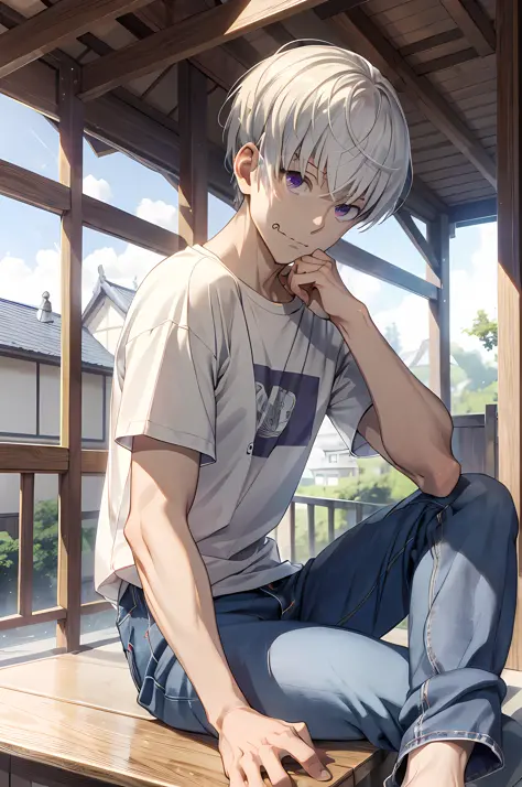 (absurdres, highres, ultra detailed, HDR), masterpiece, best quality, inumaki toge, 1man, solo, handsome, short hair, white hair...