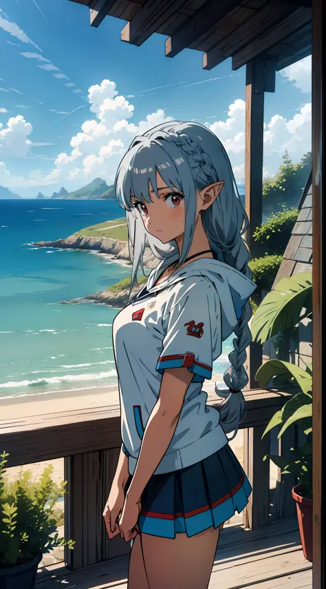 (Masterpiece), (Top Quality), Seaside City, Overlooking the Sea, Close Up of One Girl, Swimsuit, Bikini, Hoodie, Elf, Silver Hai...