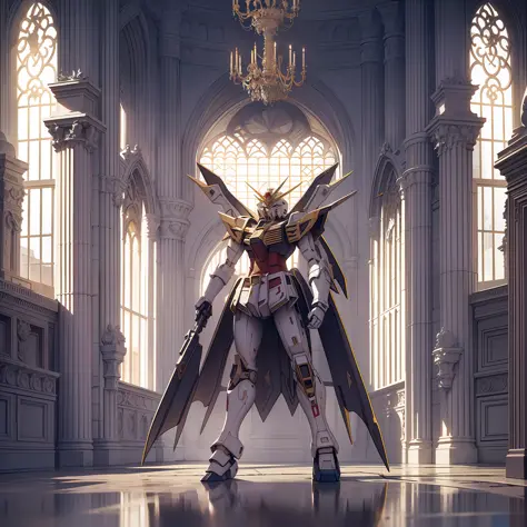 masterpiece, best quality, 8k, poster, elegant armed gundam, palace interior, elegant 1.7, armed 1.6, pompous, gorgeous