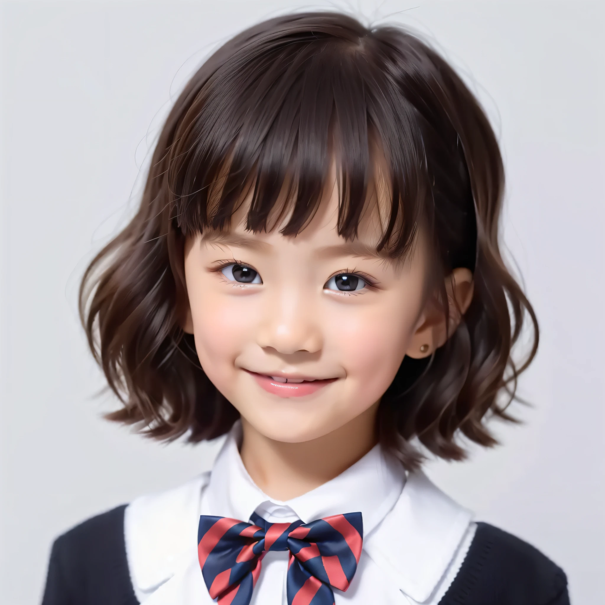 estilo moderno, fundo branco, foto de identificação de crianças, bonitinho, garota sorridente, olhos escuros, cabelo curto, gravata borboleta, claro