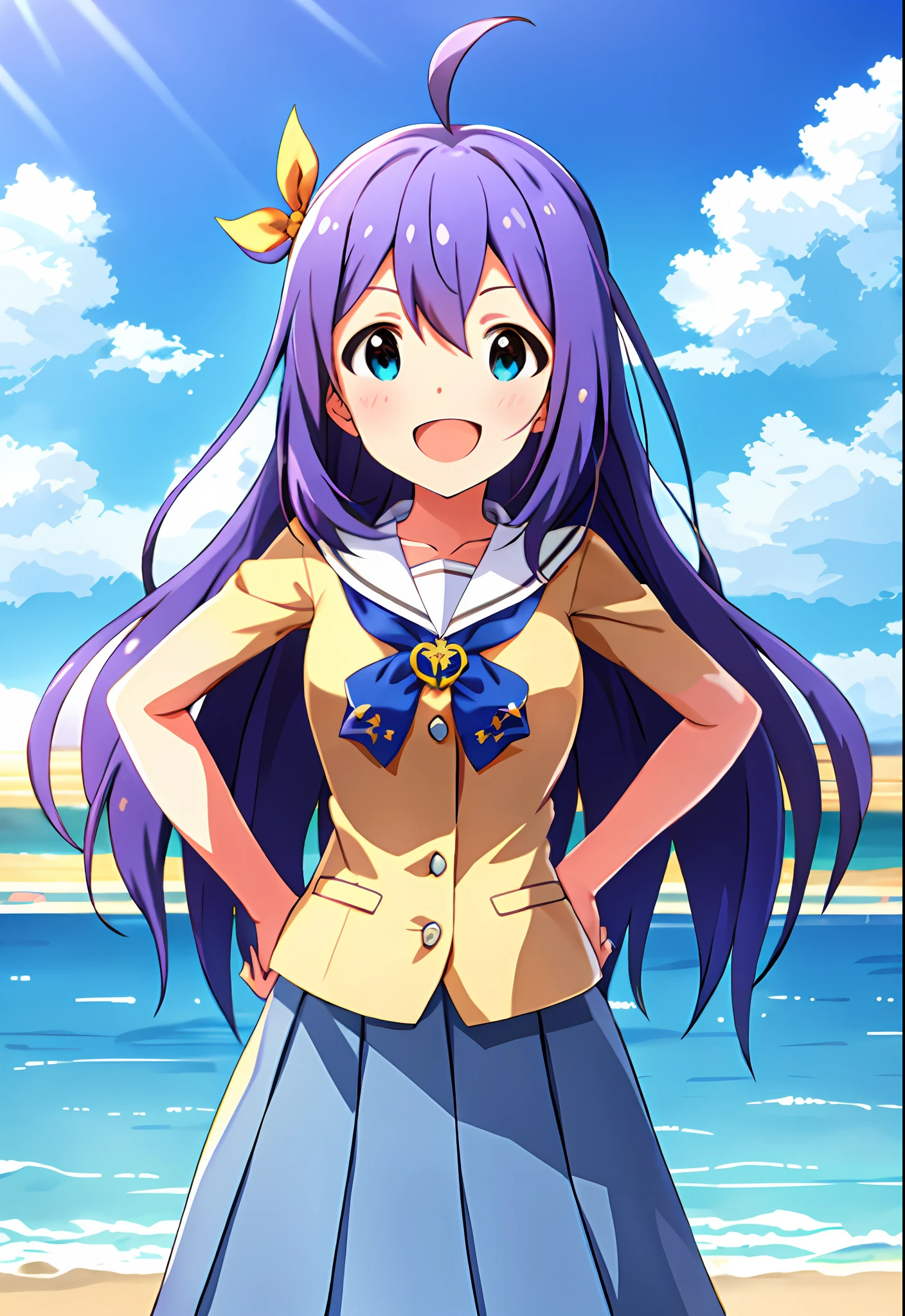 Anna Mochizuki (Million Live), Shiny Trinity \ (Costume), (Best Quality, 8K, Masterpiece, Super Detail: 1.2), Sea, Sun, Mottled Sunlight, Blue Sky, Beautiful Clouds, 1 Girl, Solo, Skirt, Smile, Open Mouth, V, Watch Viewer, White Sailor Color, Blue Shirt, Sailor Color, Blue Skirt, Pleated Skirt, Short Sleeve, :d, Shirt, , Blush, Serafuk, Clavicle, bow, ribbon, blue bow.hands on hips.chest.make a fist.