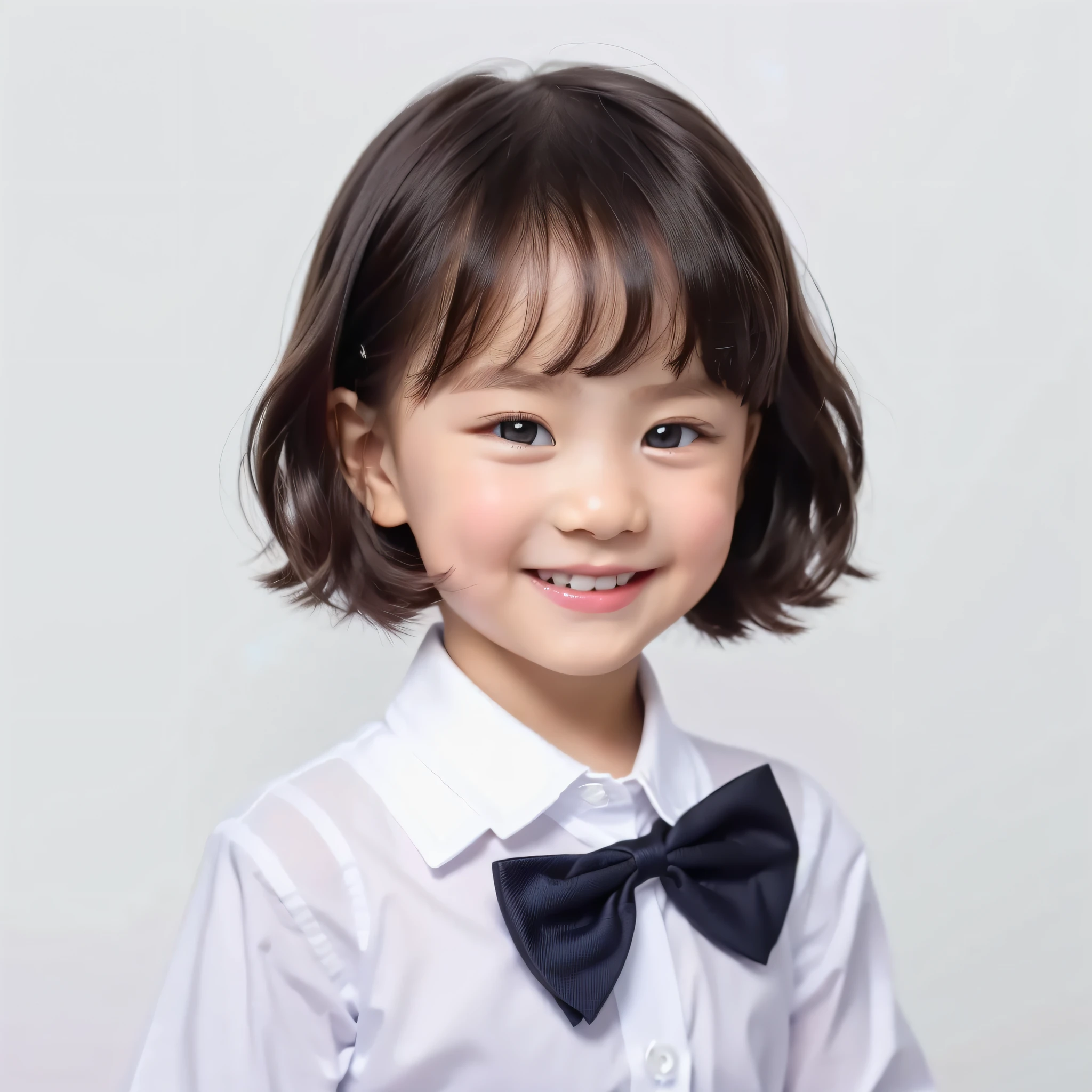 Modern style, white background, children's ID photo, cute, smiling girl, dark eyes, short hair, bow tie, clear, high quality