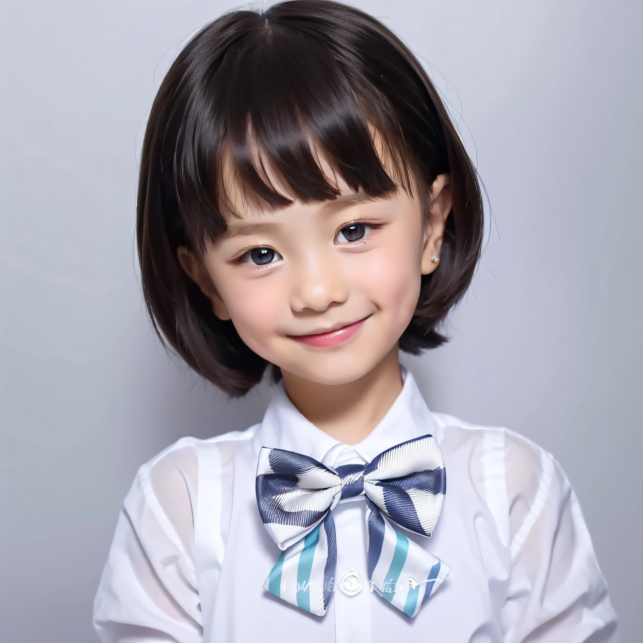moderner Stil, weißer Hintergrund, Ausweisfoto für Kinder, Niedlich, Lächelndes Mädchen, Dunkle Augen, kurzes Haar, Krawatte, klar