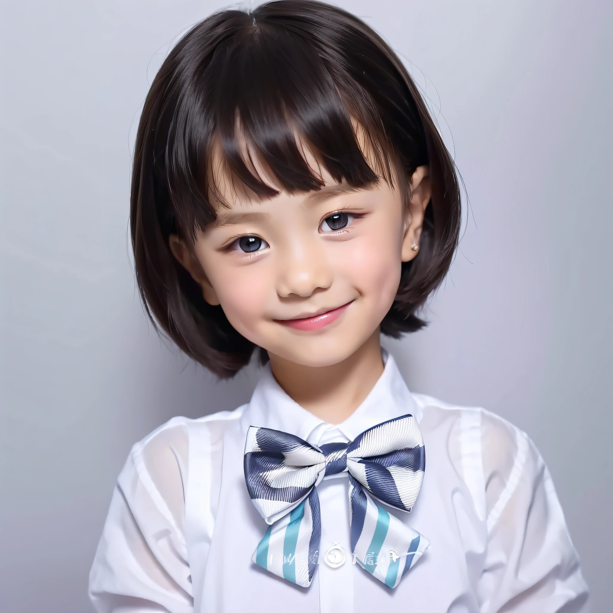 estilo moderno, Fondo blanco, foto de identificación de niños, lindo, Niña sonriente, ojos oscuros, cabello corto, corbata de moño, claro