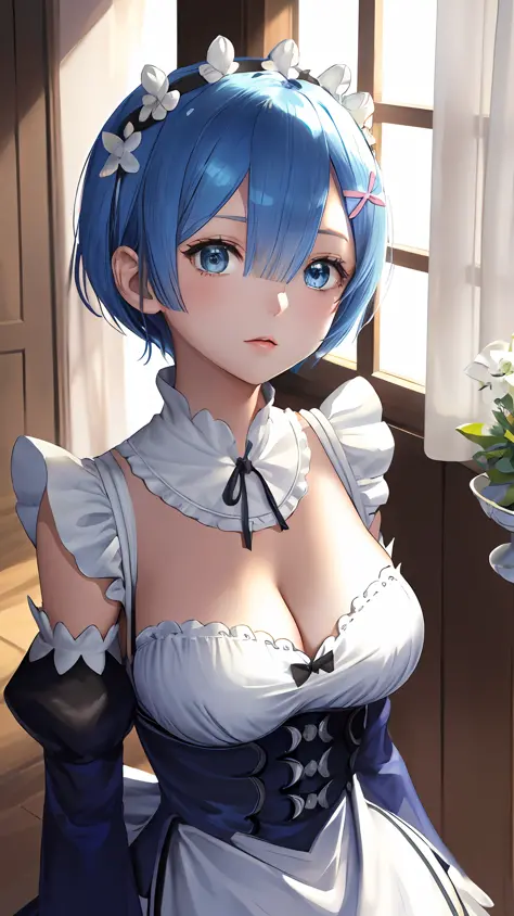 highres, sharp focus, pixiv masterpiece, ((intricate details)), highly detailed, upper body, 1girl, rem_re_zero, blue hair, short hair, maid uniform, hair ornament,  cleavage, maid headdress, detached sleeves, ribbon,,