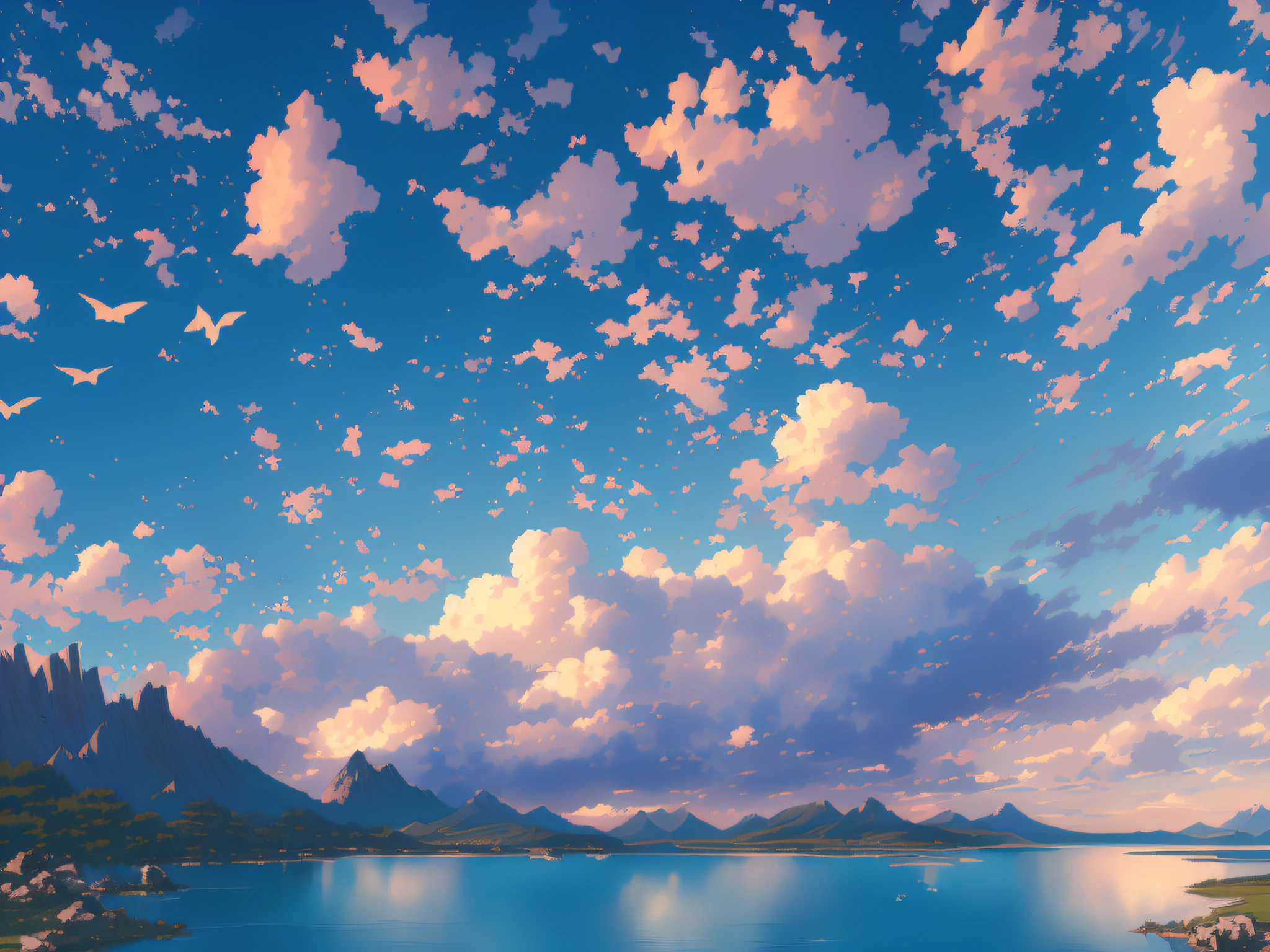 there is a painting of a beautiful mountain lake with birds flying in the sky, detailed scenery —width 672, beautifull puffy clouds. anime, anime landscape wallpaper, anime clouds, anime landscape, beautiful anime scenery, anime beautiful peace scene, beautiful anime scene, fluffy pink anime clouds, ross tran. scenic background, anime sky, anime scenery, anime background