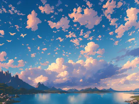 there is a painting of a beautiful mountain lake with birds flying in the sky, detailed scenery —width 672, beautifull puffy clo...