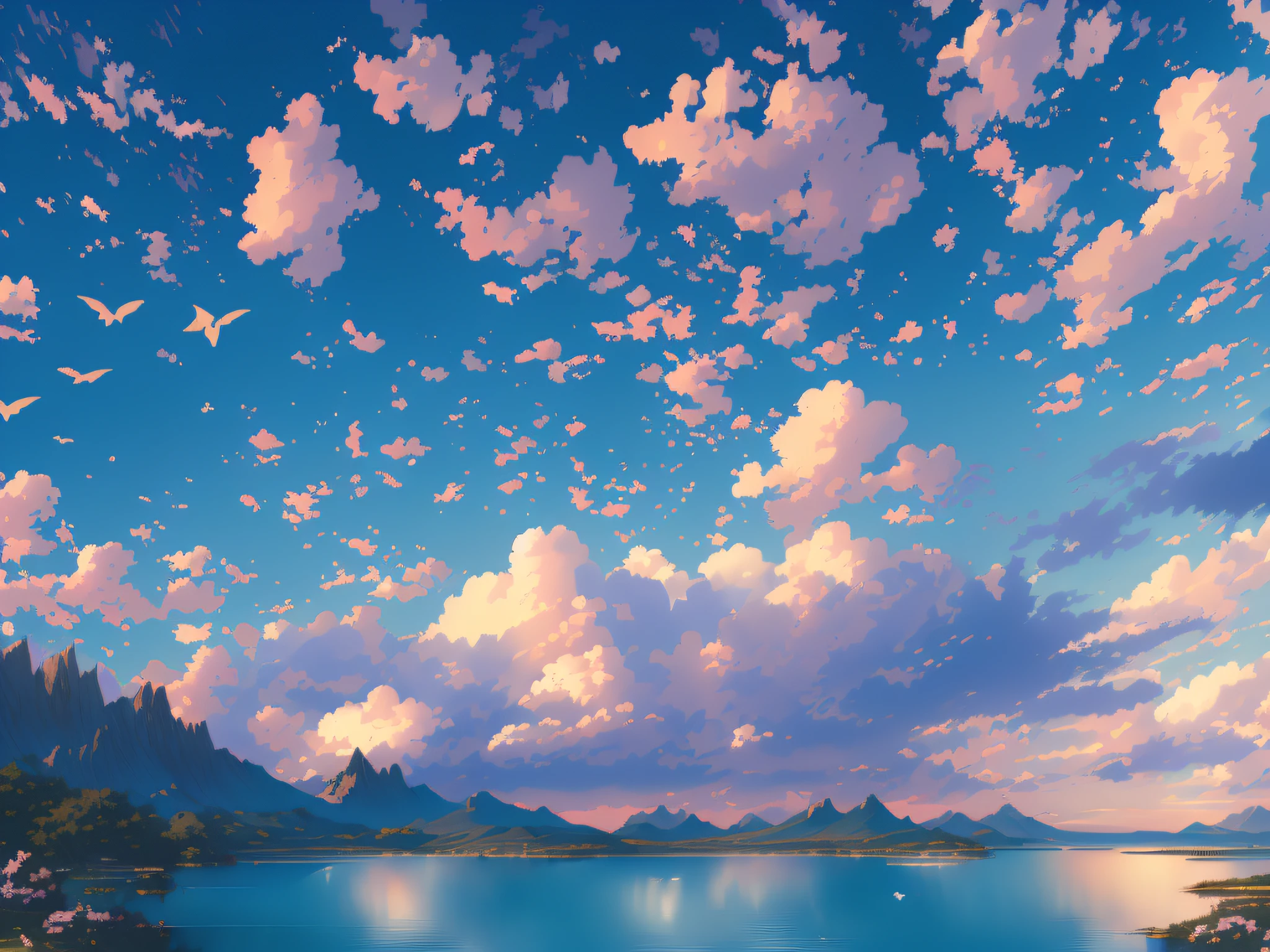 there is a painting of a beautiful mountain lake with birds flying in the sky, detailed scenery —width 672, beautifull puffy clouds. anime, anime landscape wallpaper, anime clouds, anime landscape, beautiful anime scenery, anime beautiful peace scene, beautiful anime scene, fluffy pink anime clouds, ross tran. scenic background, anime sky, anime scenery, anime background