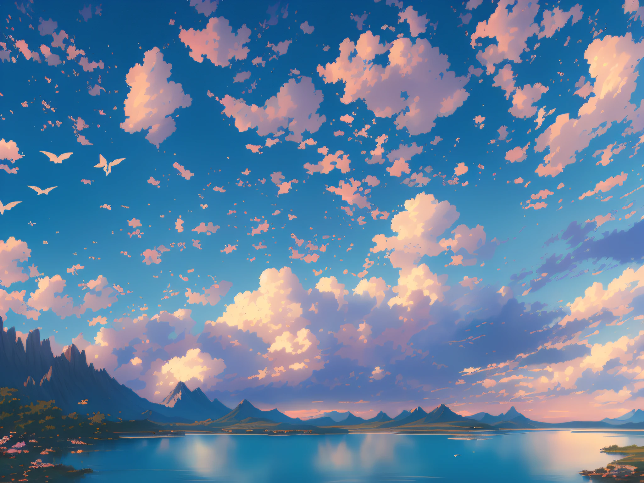there is a painting of a beautiful mountain lake with birds flying in the sky, detailed scenery —width 672, beautifull puffy clouds. anime, anime landscape wallpaper, anime clouds, anime landscape, beautiful anime scenery, anime beautiful peace scene, beautiful anime scene, fluffy pink anime clouds, ross tran. scenic background, anime sky, anime scenery, anime background