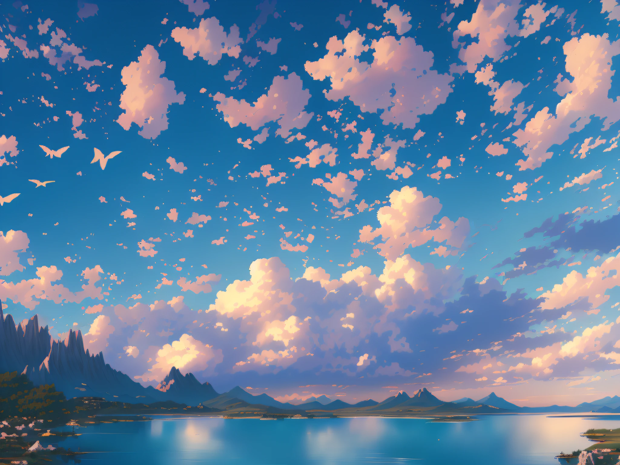 there is a painting of a beautiful mountain lake with birds flying in the sky, detailed scenery —width 672, beautifull puffy clouds. anime, anime landscape wallpaper, anime clouds, anime landscape, beautiful anime scenery, anime beautiful peace scene, beautiful anime scene, fluffy pink anime clouds, ross tran. scenic background, anime sky, anime scenery, anime background