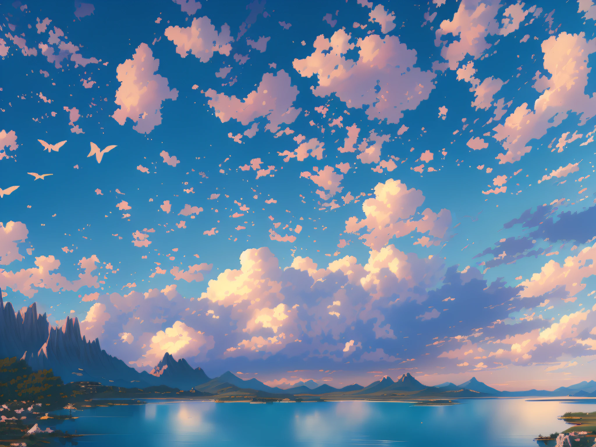 Hay una pintura de un hermoso lago de montaña con pájaros volando en el cielo, Paisaje detallado: ancho 672, hermosas nubes hinchadas. animado, animado landscape wallpaper, animado clouds, animado landscape, beautiful animado scenery, animado beautiful peace scene, beautiful animado scene, fluffy pink animado clouds, ross tran. fondo escénico, animado sky, animado scenery, animado background