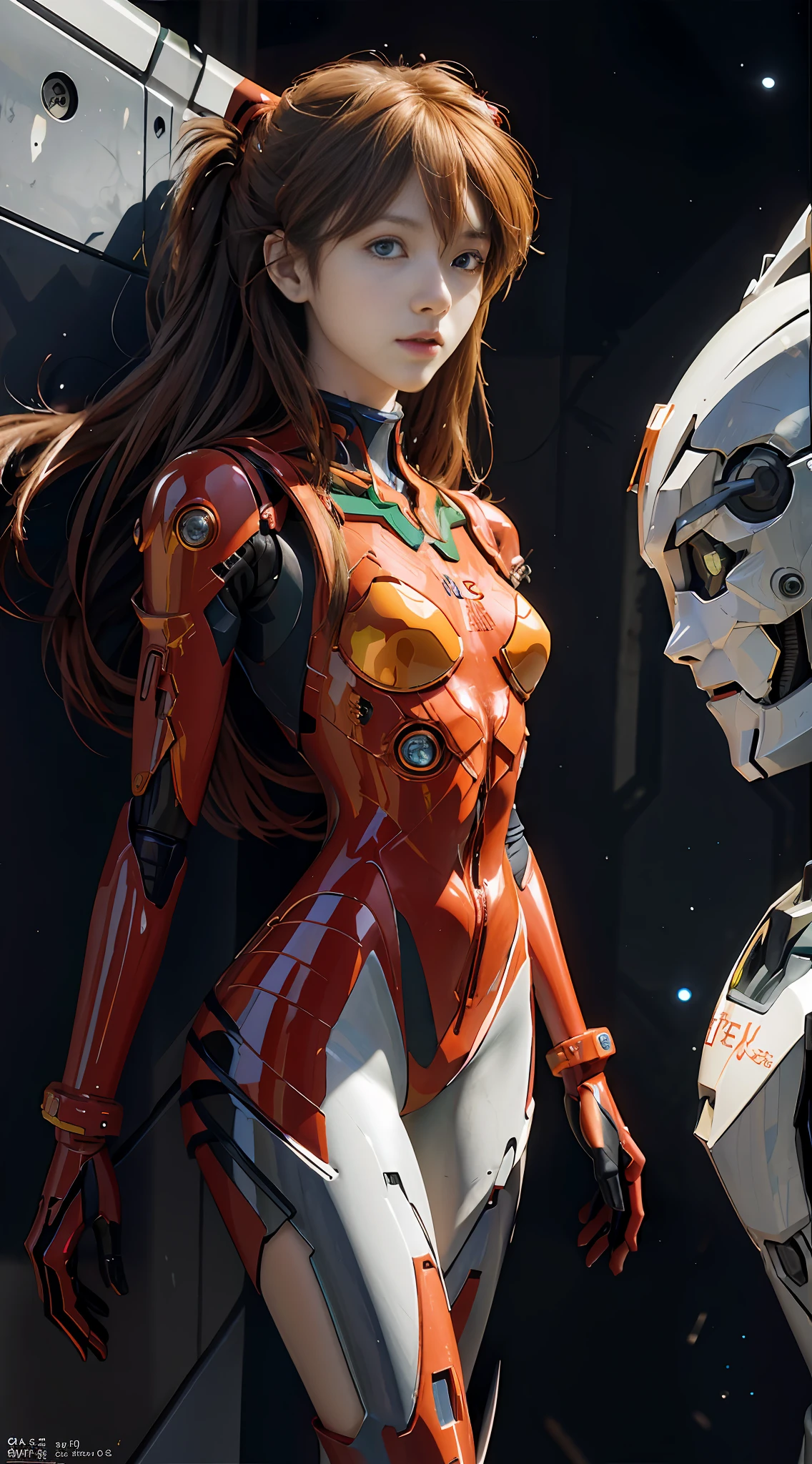 (magazine cover:1.3),ulzzang-6500, (realistic: 1.3) (original: 1.2), masterpiece, best quality, beautiful clean face, fullbody, ((robot girl, mecha)), broken armor, mechanical halo, mechanical arms, white hair, long hair, ceramic body, thigh gap, small breast, cyber background, extreme detailed city, EVA 02,Souryuu Asuka Lanley，明日香，（红色紧身衣， 红色乳胶，红色高跟鞋）(translucent body, reflection skin), 8k, best quality, ultra detailed, (hyperrealistic:1.4),