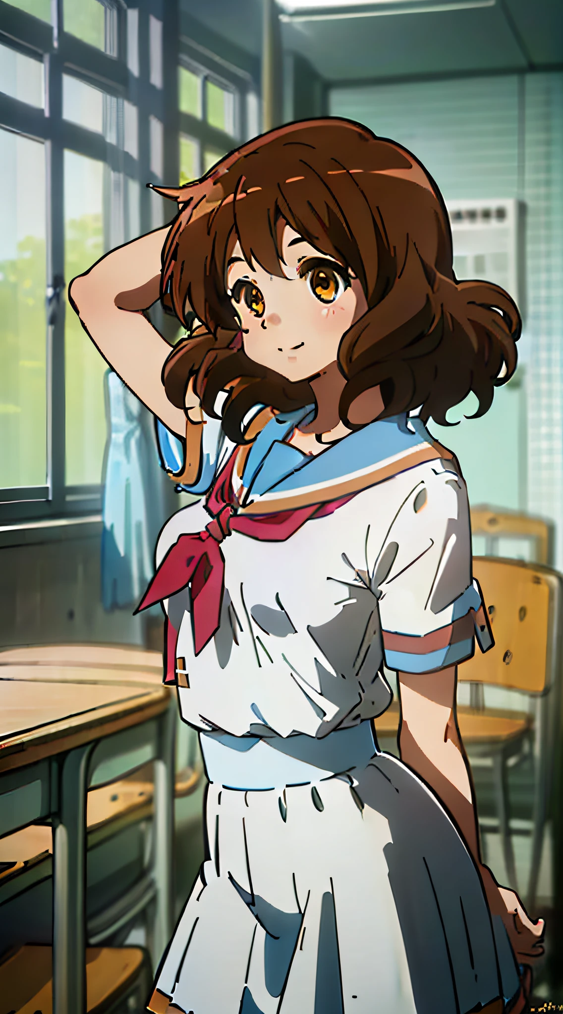 ((Supreme Quality)), Masterpiece, (Ultra Detail:1.4), Indoors, Classroom, (1 person), Kumiko Huangmae, Summer Clothes, (Cute smile, Standing Pose)