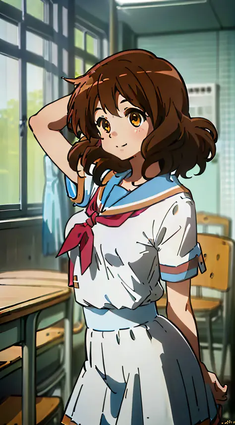 ((Supreme Quality)), Masterpiece, (Ultra Detail:1.4), Indoors, Classroom, (1 person), Kumiko Huangmae, Summer Clothes, (Cute smi...