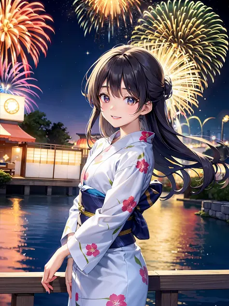 8K, Night, Shooting Star, Clouds, Floral Yukata, Yukata, 25 years old, Bright Colors, (Fireworks: 1.4), (New Year: 1.1), (Festiv...