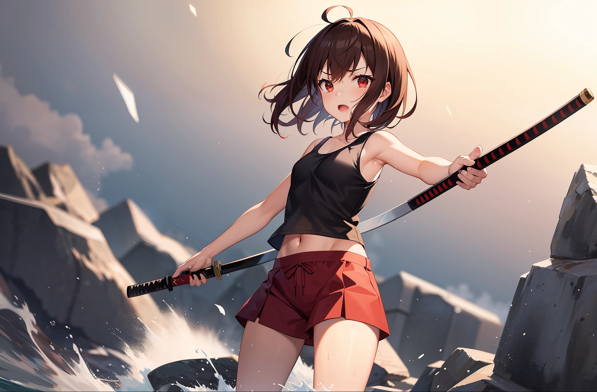 1 girl, solo, Mutsuki from Kancolle, katana, fighting stance, sword strike, confident expression, sparkling eyes, masterpiece, best quality, full body, sweaty, black transparent wet tank top, wet clothes, no bra, small breasts, midriff, black and red shorts brown hair with red highlights, tall, short hair, hair between eyes, red eyes, standing,