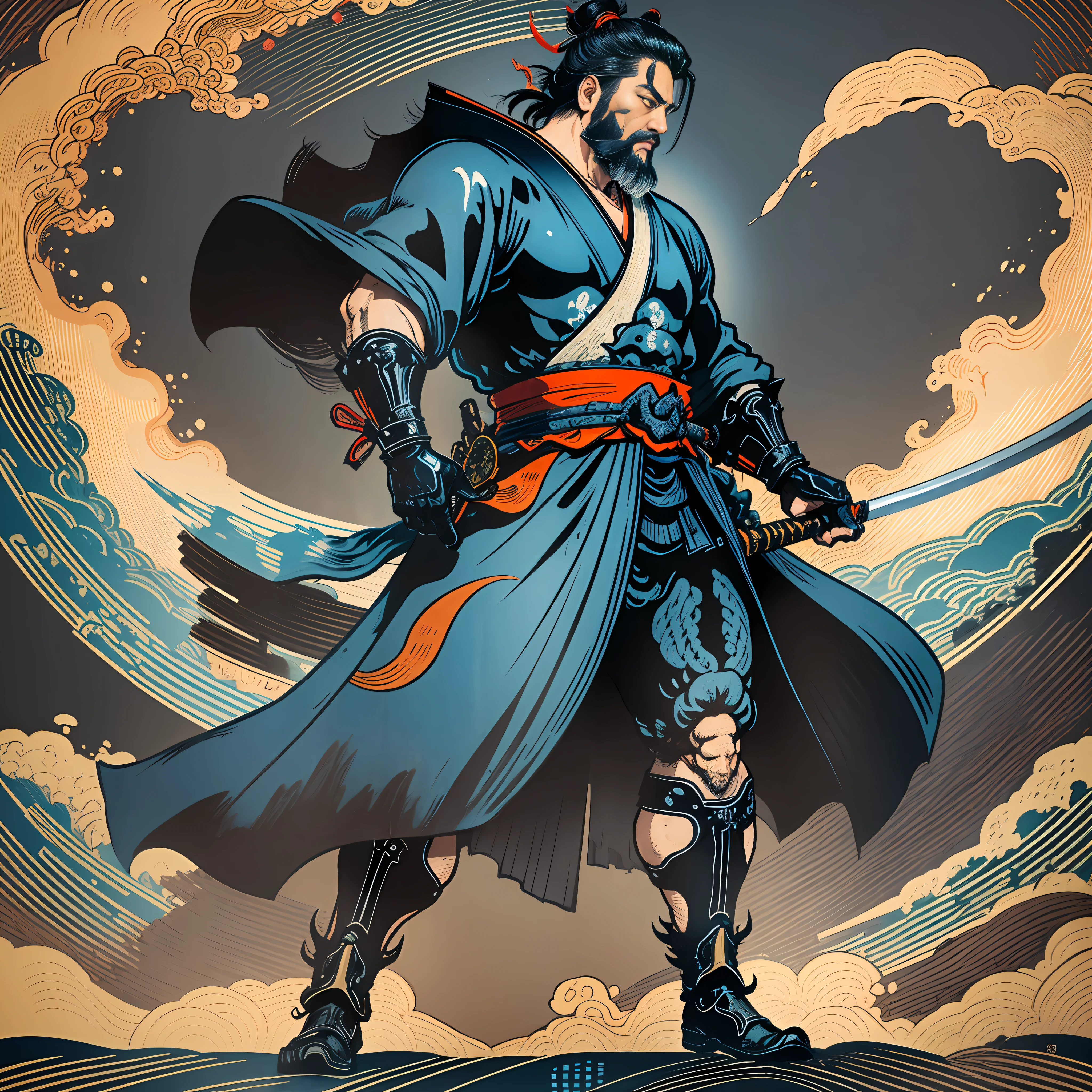 It is a full-body painting with natural colors with Katsushika Hokusai-style line drawings. The swordsman Miyamoto Musashi has a big body like a strongman. Samurai of Japan. With a dignified but manly expression of determination, he confronts evil spirits. He has black short hair and a short, trimmed beard. His upper body is covered with a jet black kimono with a glossy texture, and his hakama is knee-long. In his right hand he holds a Japan sword with a longer sword part. In the highest quality, masterpiece high resolution ukiyo-e style lightning and swirling flames. Among them, Miyamoto Musashi is standing with his back straight, facing the front.