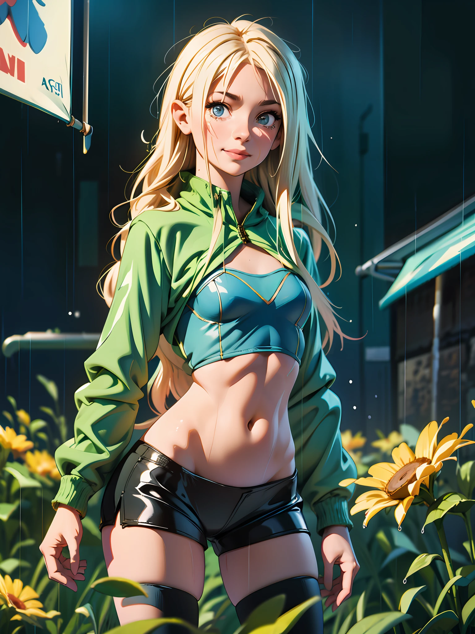 illustration, (smile,:1),(raining,wet,splash:1.3),  (string,abs,small breasts,:1.1),(thin transparent wet clothes,sfw),thighs, battlefield, (slim, fit,flat chest, petite,ukranian,) photo realistic, high definition, detailed realistic, detailed,  hyper detailed, realistic skin texture, ultra high resolution, high resolution,flag painted,  (masterpiece, best quality),  face tears,