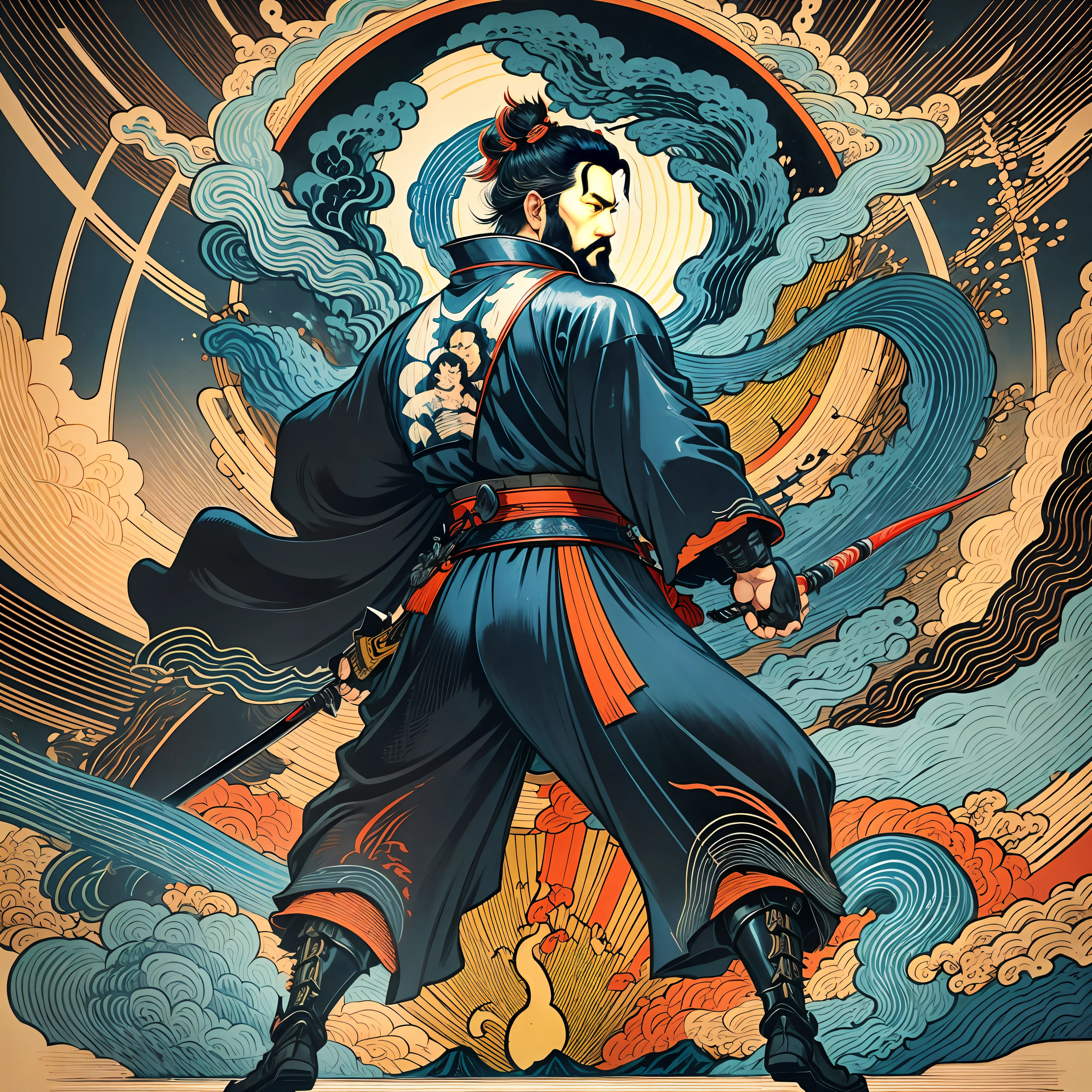 É uma pintura de corpo inteiro com cores naturais com desenhos de linhas no estilo Katsushika Hokusai.. O espadachim Miyamoto Musashi tem um corpo grande como um homem forte. Samurais do Japão. Com uma expressão digna, mas viril, de determinação, ele enfrenta espíritos malignos. Ele tem cabelo curto preto e um curto, barba aparada. Sua parte superior do corpo é coberta com um quimono preto jato com uma textura brilhante, e seu hakama é de joelhos. Na mão direita ele segura uma espada japonesa com uma parte de espada mais longa. na mais alta qualidade, obra-prima de alta resolução estilo ukiyo-e relâmpago e chamas giratórias. Entre eles, Miyamoto Musashi está de costas retas, De frente.