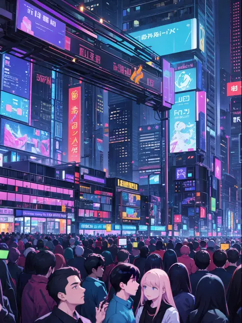 imaginary city, near future (led vision), (people gathering in led vision), crowd of people, billboard, cyber, ai, view from the...