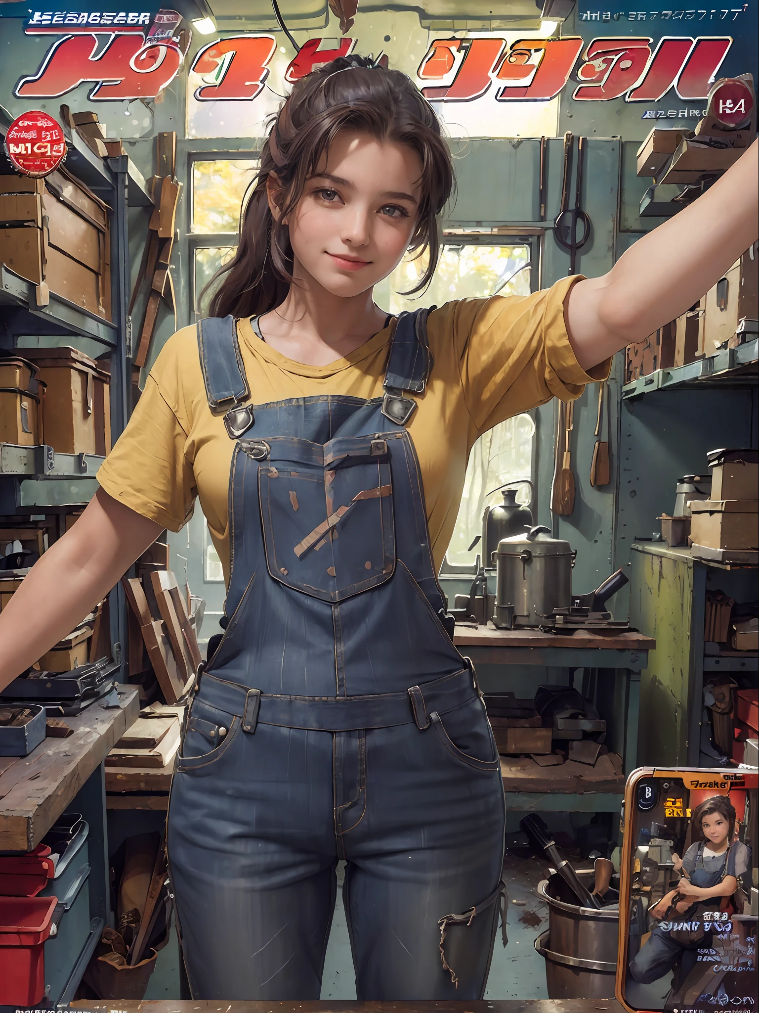 (masterpiece, best quality:1.4), photo, hd, selfie, beautiful metalworker in her workshop, dirty work clothes, dungarees, workbench, shelves, old workshop, watching viewer, grin, analog film, magazine cover photo,