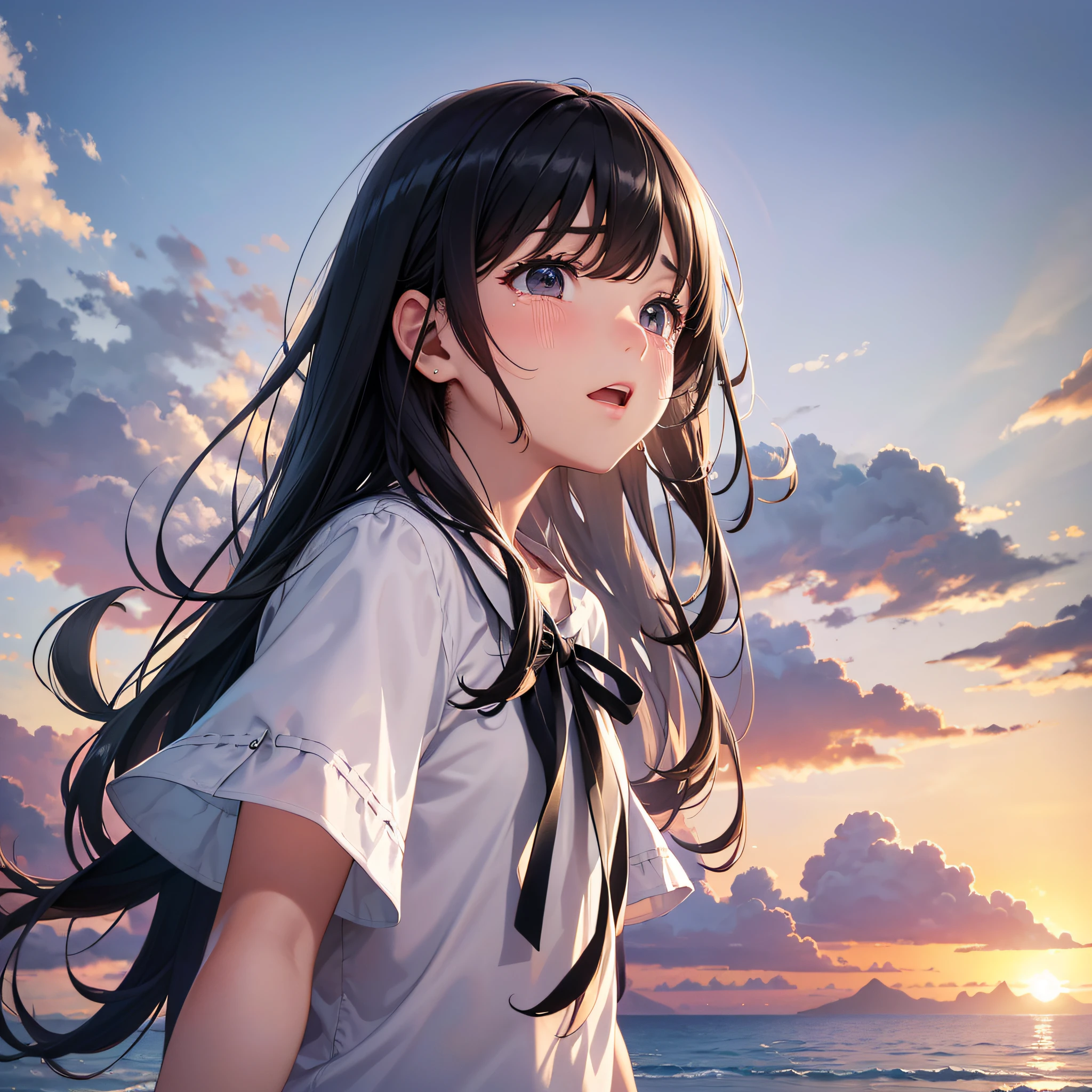 High resolution, ultra detail, summer, short sleeves without pattern, shirt without pattern, fine details, long hair, black hair, crying face, from below, sideways, looking up at the sky, sunset coast, sky with fine details --auto --s2