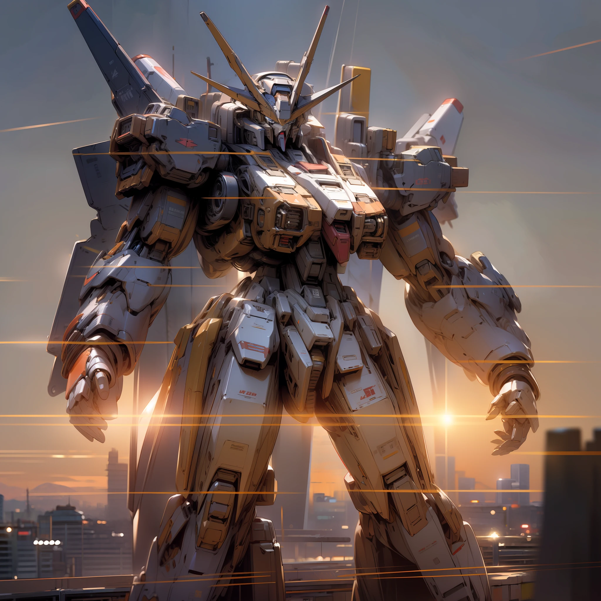 Outstanding, best quality, 8K, very detailed CG, elegant and cool Gundam robot, intoxicating dusk