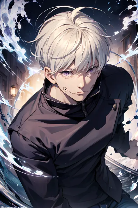 (absurdres, highres, ultra detailed, HDR), masterpiece, best quality, 1man, solo, handsome, short hair, inumaki toge, facial tattoo, white hair, black jacket, jeans, closed mouth, swirl, vortex