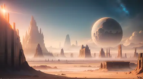 (Analog Style), Eschatological style wide angle, scifi future landscape, ((futuristic city in the distance)), (barren landscape with mountains similar to mars), (2 moons in the sky), beautiful clouds, haze:0.15, epic scenery, (cinematic), volumetric lighti...