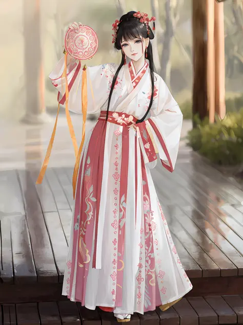 araffe woman in a traditional chinese dress holding a fan, white hanfu, hanfu, palace ， a girl in hanfu, wearing ancient chinese...