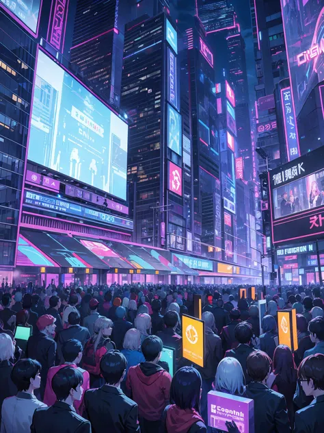 fictional city, near future (led vision), (people gathering in led vision), crowd of people looking up at billboard, billboard, ...