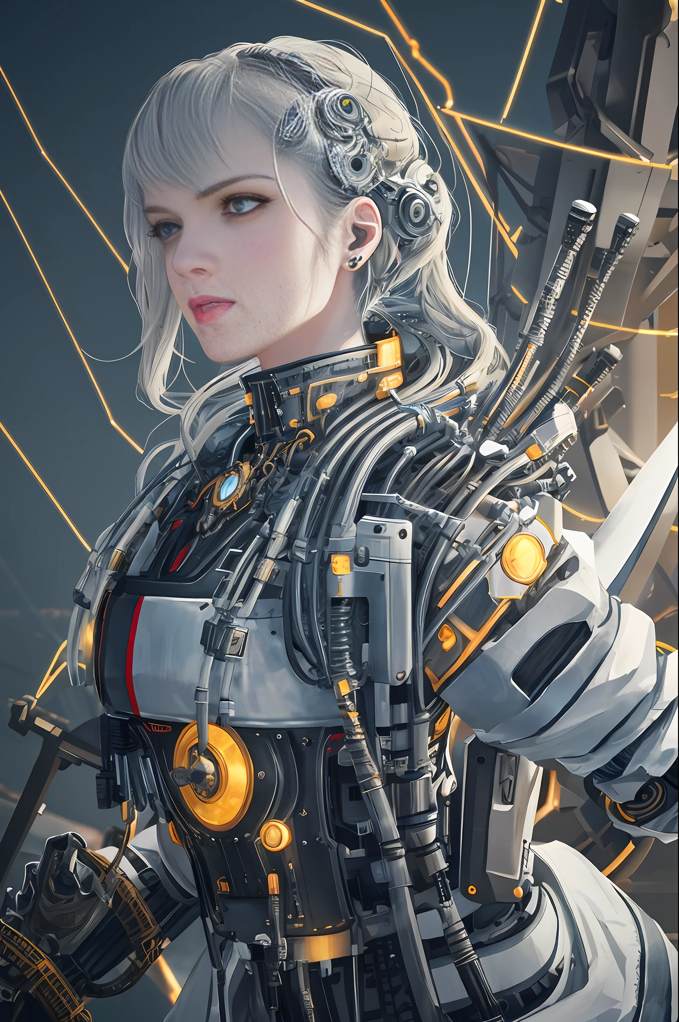 1mechanical girl,((ultra realistic details)), portrait, global illumination, shadows, octane render, 8k, ultra sharp,metal,intricate, ornaments detailed, cold colors, egypician detail, highly intricate details, realistic light, trending on cgsociety, glowing eyes, facing camera, neon details, machanical limbs,blood vessels connected to tubes,mechanical vertebra attaching to back,mechanical cervial attaching to neck,sitting,wires and cables connecting to head