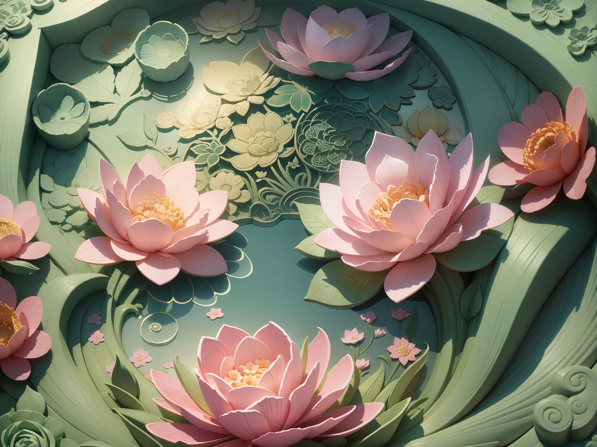 Relief 3D, Sculpture fine, Sculpture de fleurs, illustration, pastel, style chinois traditionnel, Embarcation multidimensionnelle de brouillard en papier, vue super grand angle, rêve, 8k, Romance, haute résolution, 8k