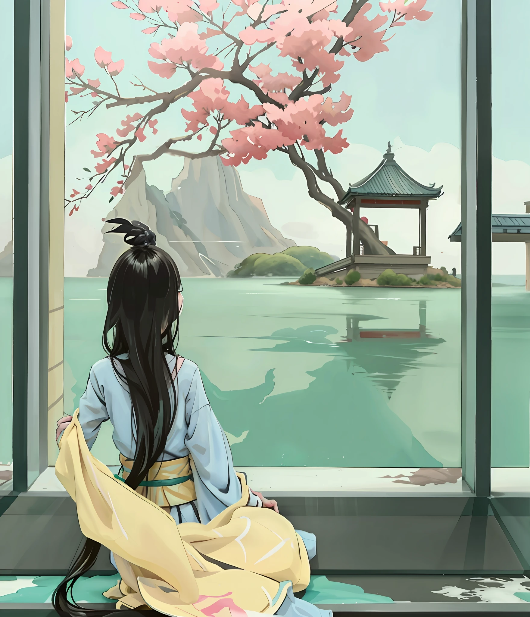 peinture d&#39;une femme assise devant une fenêtre donnant sur un lac, anime belle scène de paix, palais ， une fille en hanfu, belle scène d&#39;anime, peint dans un studio de peintre d&#39;anime, inspiré par Xie Shichen, illustration sereine, inspiré par Uemura Shōen, inspiré de Lü Ji, Peinture de style japonais, réalisé avec le studio de peintre d&#39;anime