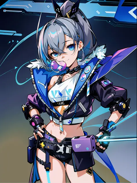 ((masterpiece)), super high quality, curly high ponytail girl, gray hair, cyberpunk style, blowing bubble candy, dressed in cybe...