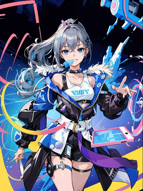 ((masterpiece)), super high quality, curly high ponytail girl, gray hair, cyberpunk style, blowing bubble candy, dressed in cybe...