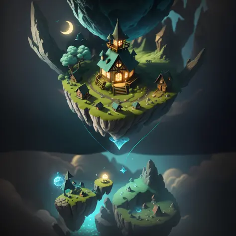 The witch is on an island in the air, cute, cool shape, complex details, obvious sense of space before and after, the picture should have impact, 3D --auto --s2